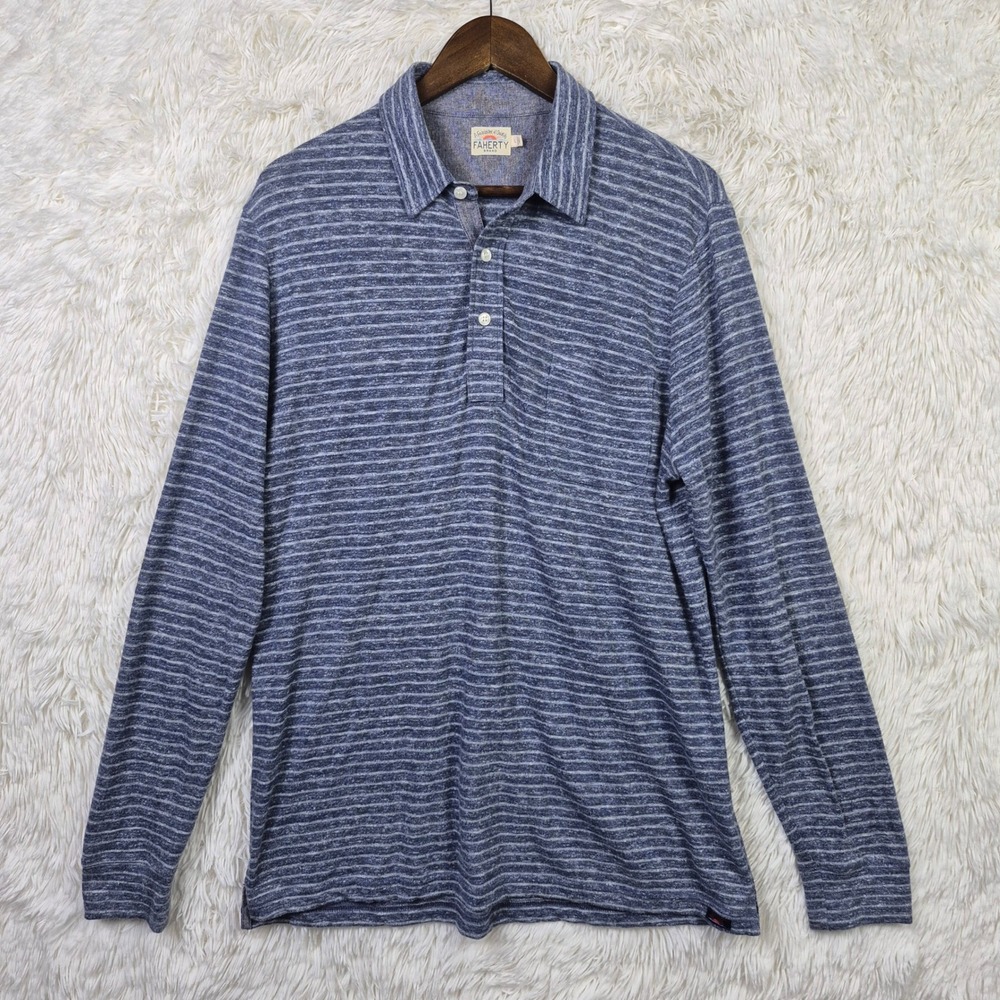 Faherty Brand Mens Large Blue Striped Long Sleeve Polo Shirt Cotton Blend Knit